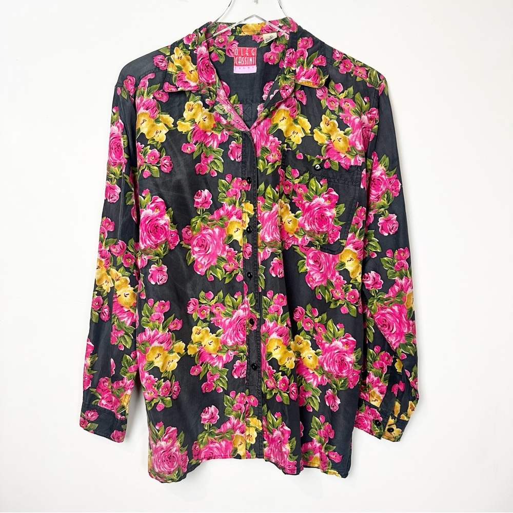 Oleg Cassini Silk Vintage Floral Button Up Blouse Large
